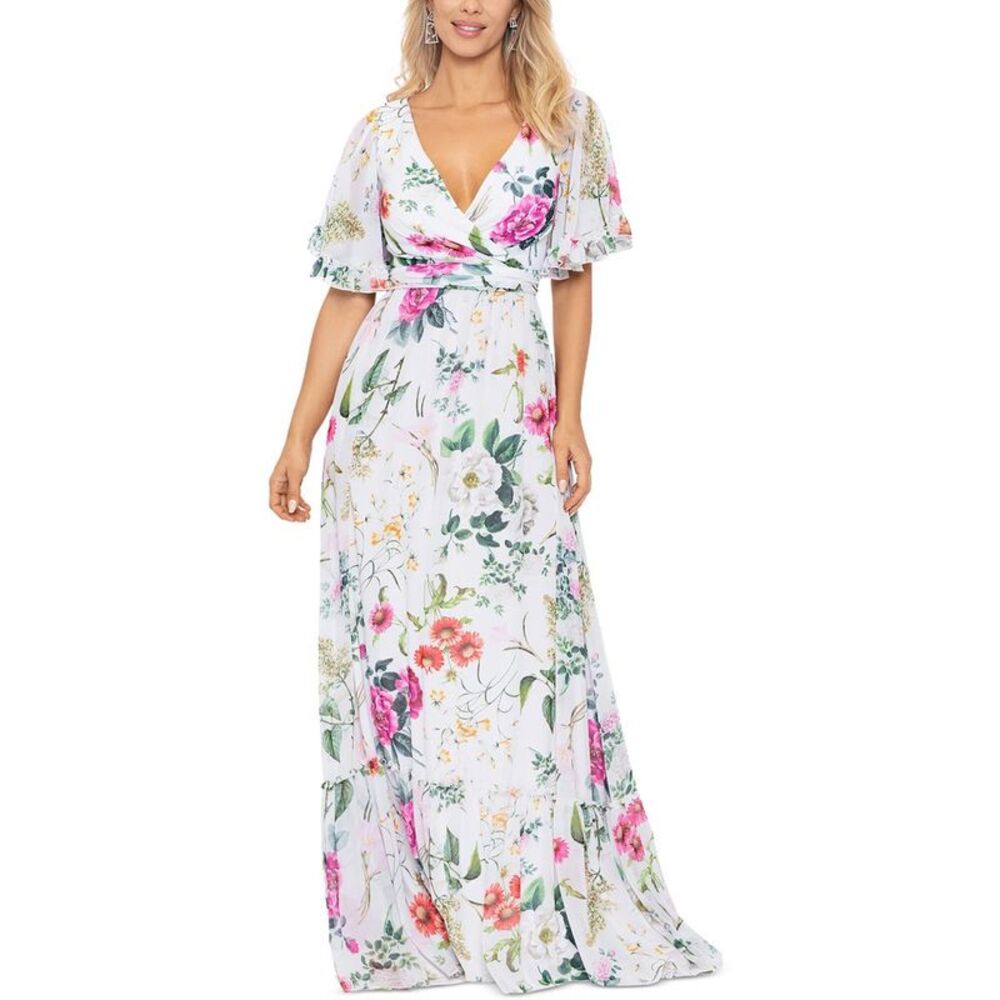 Betsy & Adam Womens Ivory Chiffon Floral V-Neck Maxi Dress NWT
